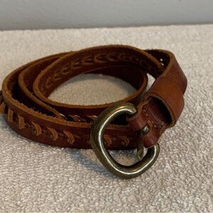 Women’s Genuine Leather Skinny Boho Belt Brass Dot Detail Buckle Small 36”